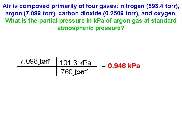 Air is composed primarily of four gases: nitrogen (593. 4 torr), argon (7. 098