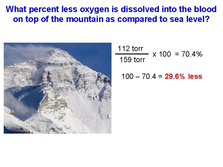 What percent less oxygen is dissolved into the blood on top of the mountain