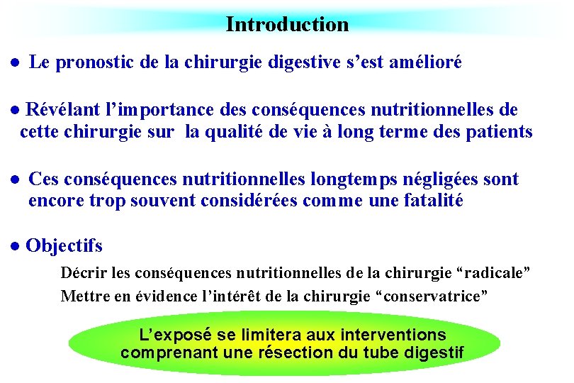 Introduction l Le pronostic de la chirurgie digestive s’est amélioré Révélant l’importance des conséquences