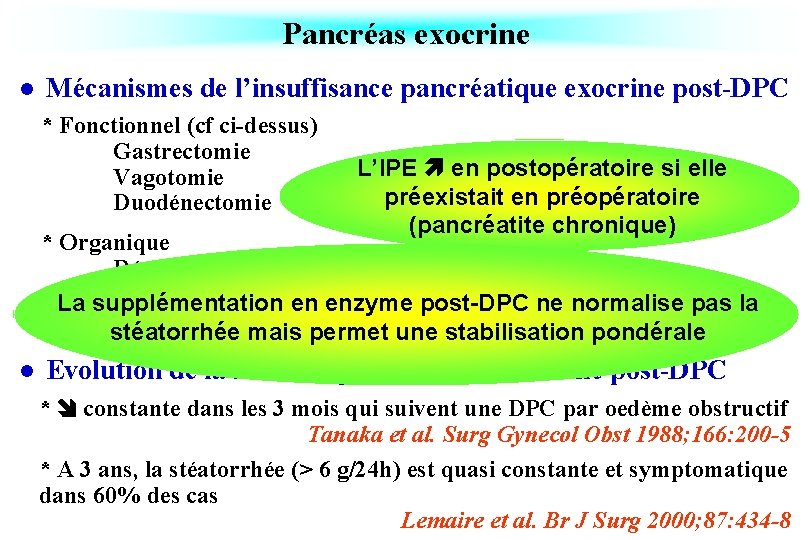 Pancréas exocrine l Mécanismes de l’insuffisance pancréatique exocrine post-DPC * Fonctionnel (cf ci-dessus) Gastrectomie