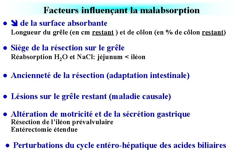 Facteurs influençant la malabsorption l de la surface absorbante Longueur du grêle (en cm