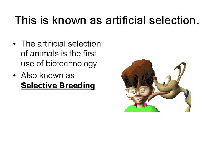 This is known as artificial selection. • The artificial selection of animals is the