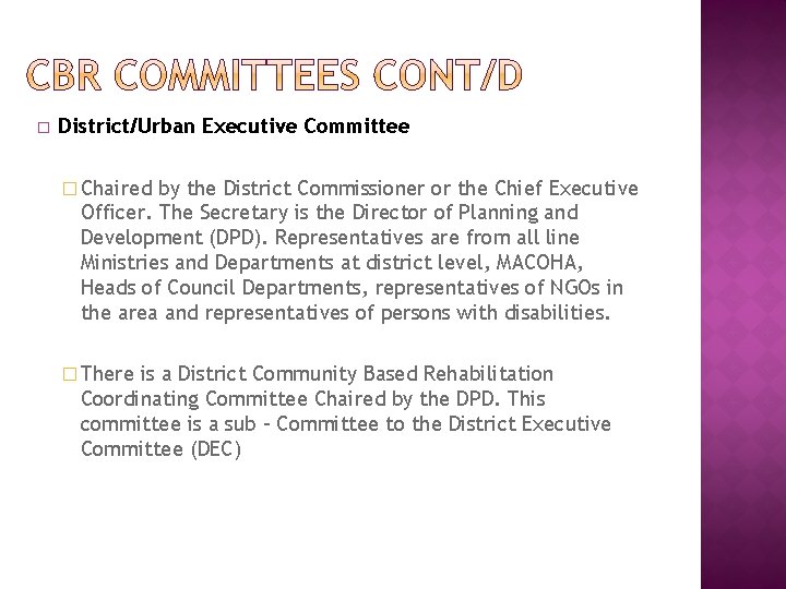 � District/Urban Executive Committee � Chaired by the District Commissioner or the Chief Executive � District/Urban Executive Committee � Chaired by the District Commissioner or the Chief Executive