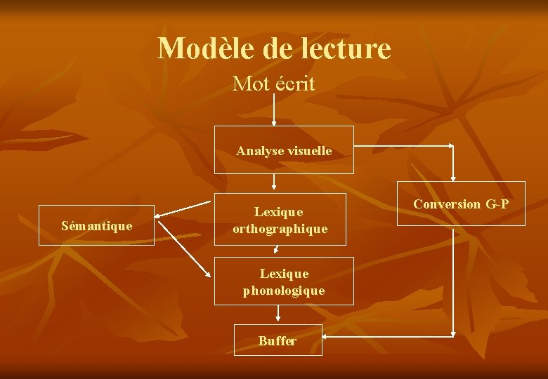 Modèle de lecture Mot écrit Analyse visuelle Sémantique Lexique orthographique Lexique phonologique Buffer Conversion