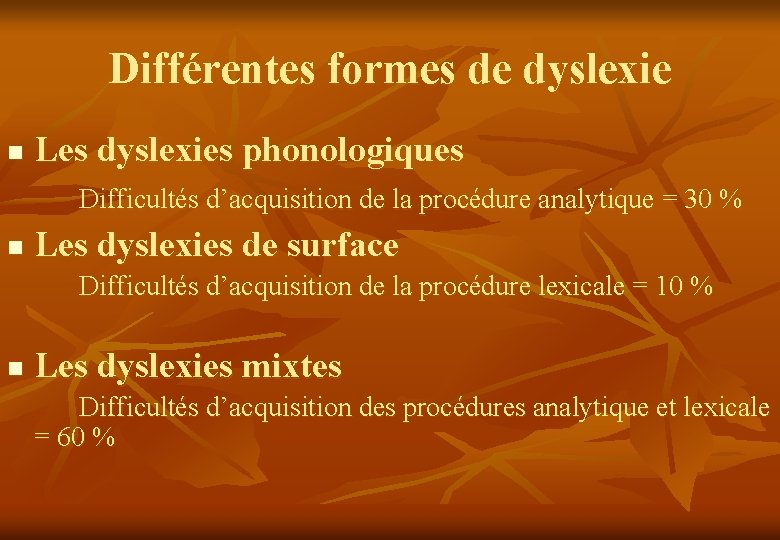 Différentes formes de dyslexie n Les dyslexies phonologiques Difficultés d’acquisition de la procédure analytique