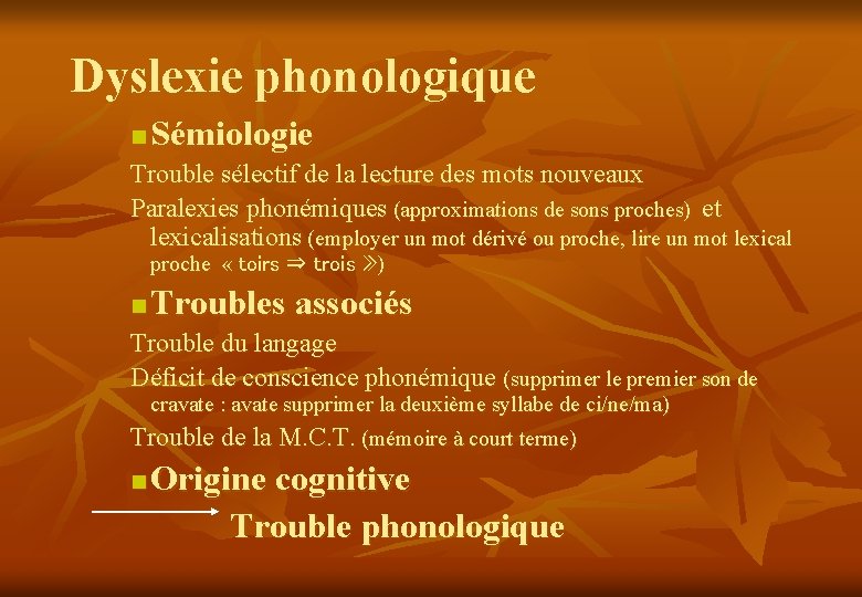 Dyslexie phonologique n Sémiologie Trouble sélectif de la lecture des mots nouveaux Paralexies phonémiques