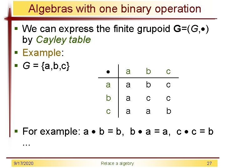 Algebras with one binary operation § We can express the finite grupoid G=(G, )