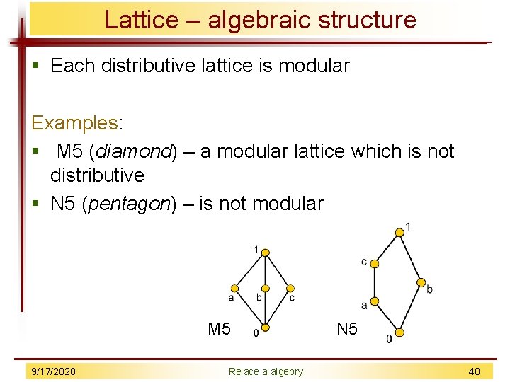 Lattice – algebraic structure § Each distributive lattice is modular Examples: § M 5