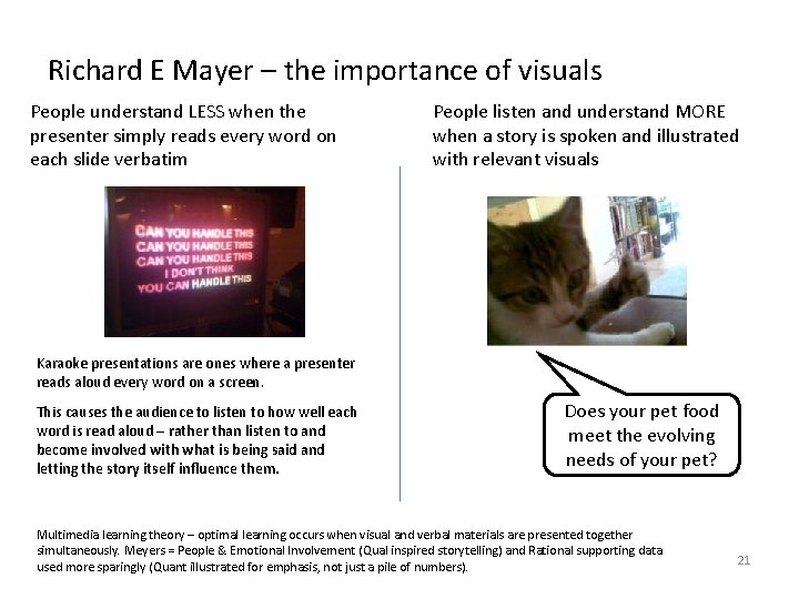 Richard E Mayer – the importance of visuals People understand LESS when the presenter