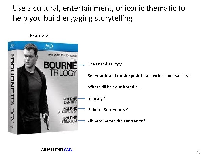 Use a cultural, entertainment, or iconic thematic to help you build engaging storytelling Example