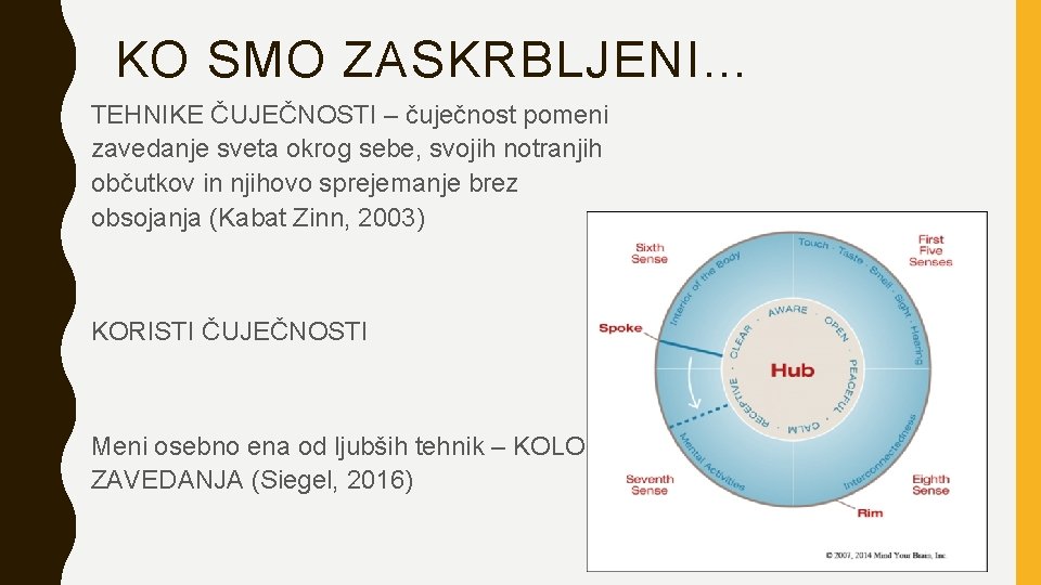 KO SMO ZASKRBLJENI… TEHNIKE ČUJEČNOSTI – čuječnost pomeni zavedanje sveta okrog sebe, svojih notranjih KO SMO ZASKRBLJENI… TEHNIKE ČUJEČNOSTI – čuječnost pomeni zavedanje sveta okrog sebe, svojih notranjih