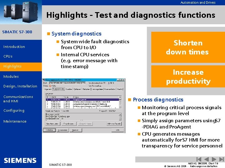 Automation and Drives Highlights - Test and diagnostics functions SIMATIC S 7 -300 n