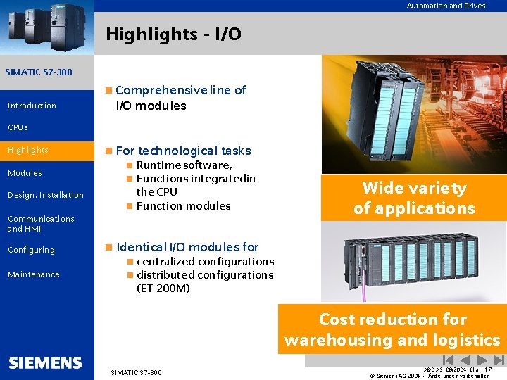 Automation and Drives Highlights - I/O SIMATIC S 7 -300 n Comprehensive line Introduction