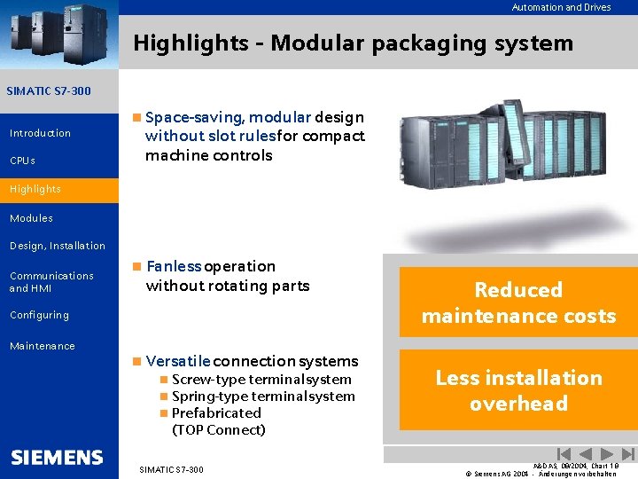 Automation and Drives Highlights - Modular packaging system SIMATIC S 7 -300 n Space-saving,