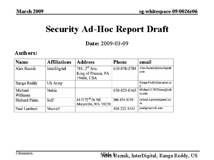 March 2009 sg-whitespace-09/0026 r 06 Security Ad-Hoc Report Draft Date: 2009 -03 -09 Authors: