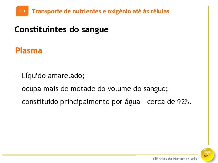 1. 3 Transporte de nutrientes e oxigénio até às células Constituintes do sangue Plasma