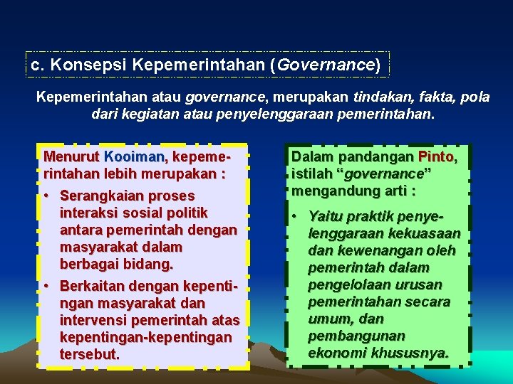 c. Konsepsi Kepemerintahan (Governance) Kepemerintahan atau governance, merupakan tindakan, fakta, pola dari kegiatan atau