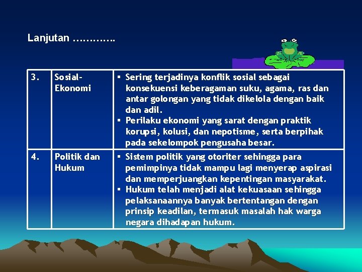 Lanjutan …………. 3. Sosial. Ekonomi Sering terjadinya konflik sosial sebagai konsekuensi keberagaman suku, agama,