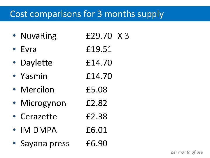 Cost comparisons for 3 months supply • • • Nuva. Ring Evra Daylette Yasmin