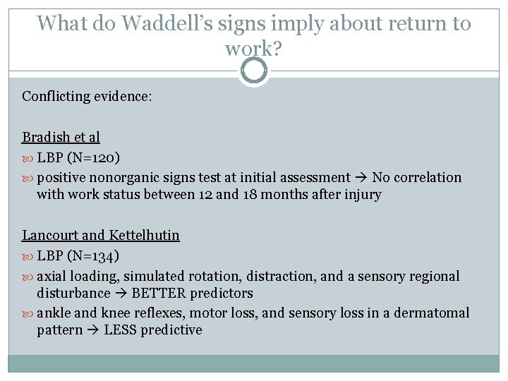 What do Waddell’s signs imply about return to work? Conflicting evidence: Bradish et al