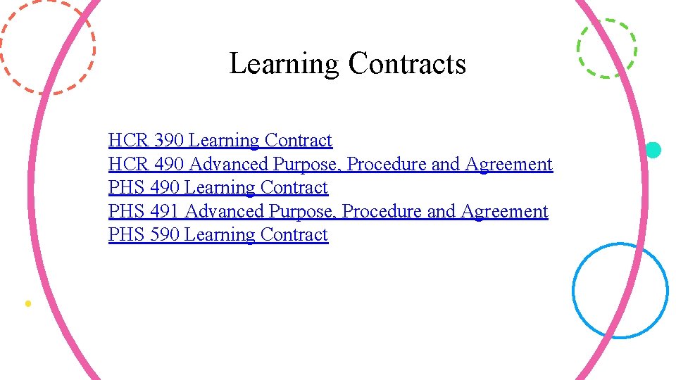 Learning Contracts HCR 390 Learning Contract HCR 490 Advanced Purpose, Procedure and Agreement PHS