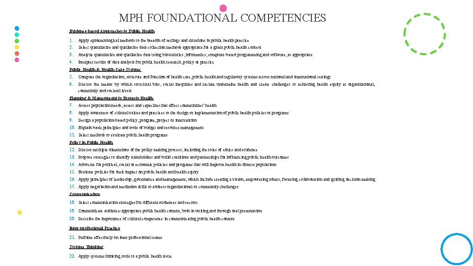 MPH FOUNDATIONAL COMPETENCIES Evidence-based Approaches to Public Health 1. Apply epidemiological methods to the