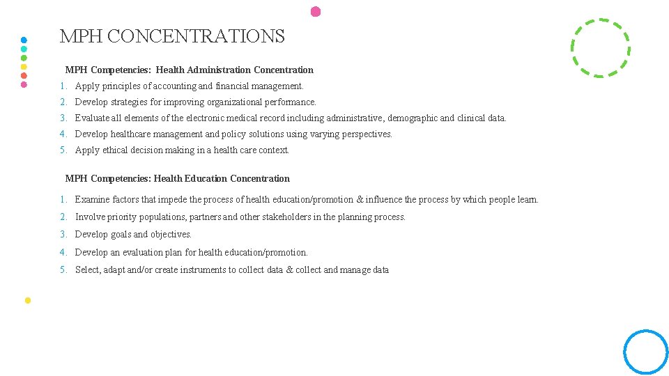 MPH CONCENTRATIONS MPH Competencies: Health Administration Concentration 1. Apply principles of accounting and financial