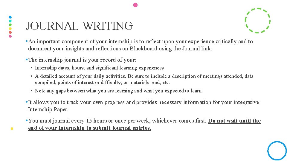 JOURNAL WRITING • An important component of your internship is to reflect upon your
