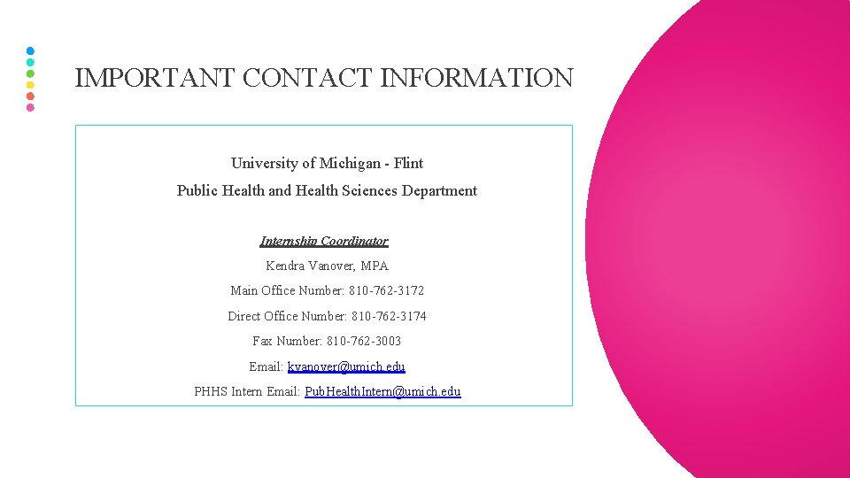 IMPORTANT CONTACT INFORMATION University of Michigan - Flint Public Health and Health Sciences Department