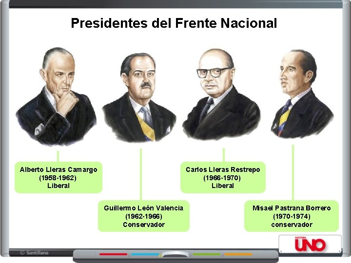 Presidentes del Frente Nacional Alberto Lleras Camargo (1958 -1962) Liberal Carlos Lleras Restrepo (1966