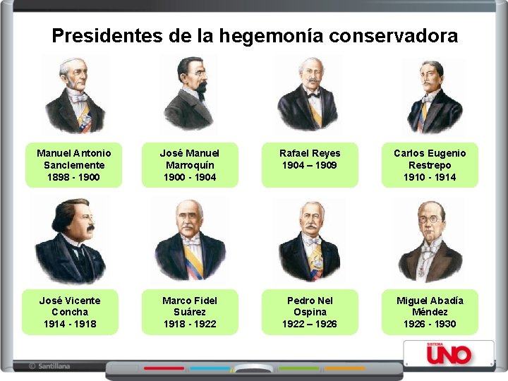 Presidentes de la hegemonía conservadora Manuel Antonio Sanclemente 1898 - 1900 José Manuel Marroquín