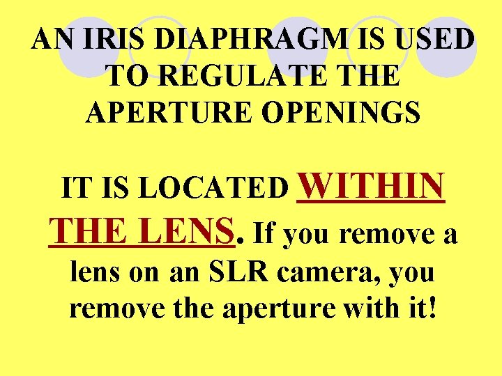 AN IRIS DIAPHRAGM IS USED TO REGULATE THE APERTURE OPENINGS IT IS LOCATED WITHIN