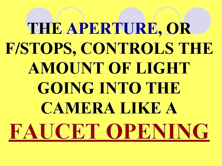 THE APERTURE, OR F/STOPS, CONTROLS THE AMOUNT OF LIGHT GOING INTO THE CAMERA LIKE