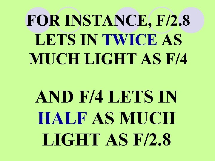 FOR INSTANCE, F/2. 8 LETS IN TWICE AS MUCH LIGHT AS F/4 AND F/4