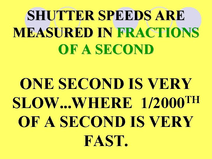 SHUTTER SPEEDS ARE MEASURED IN FRACTIONS OF A SECOND ONE SECOND IS VERY TH