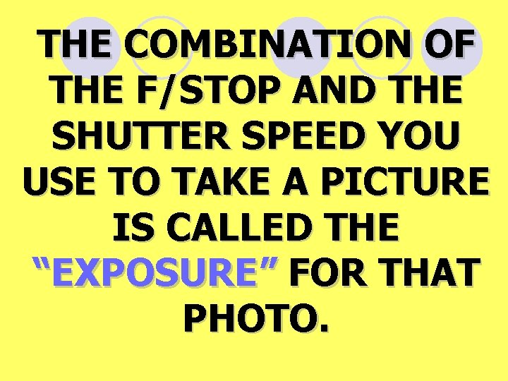 THE COMBINATION OF THE F/STOP AND THE SHUTTER SPEED YOU USE TO TAKE A