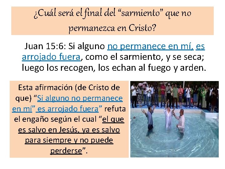 ¿Cuál será el final del “sarmiento” que no permanezca en Cristo? Juan 15: 6: