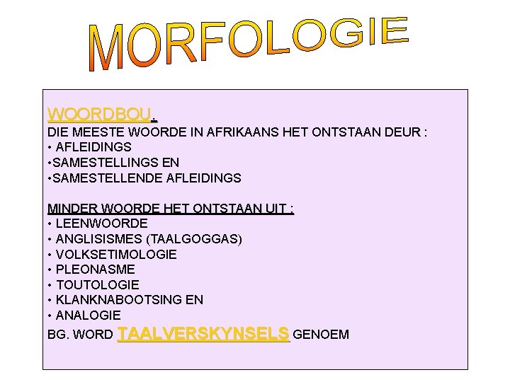 WOORDBOU. DIE MEESTE WOORDE IN AFRIKAANS HET ONTSTAAN DEUR : • AFLEIDINGS • SAMESTELLINGS