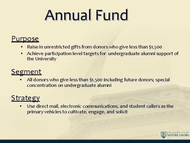 Annual Fund Purpose • Raise in unrestricted gifts from donors who give less than