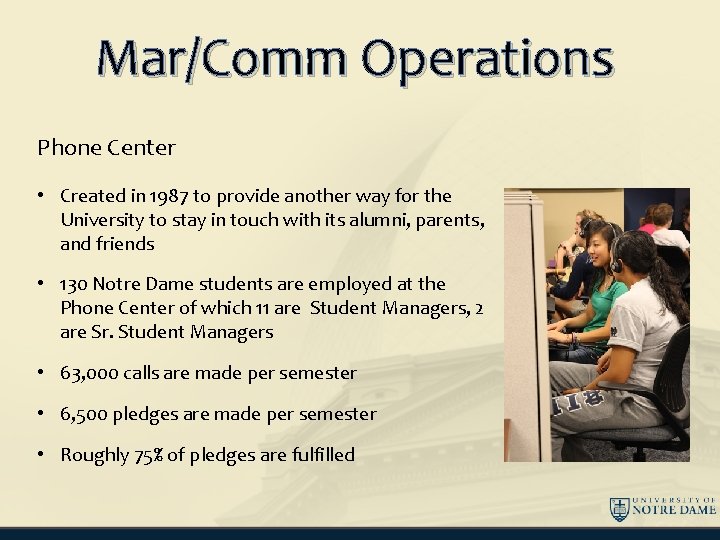 Mar/Comm Operations Phone Center • Created in 1987 to provide another way for the