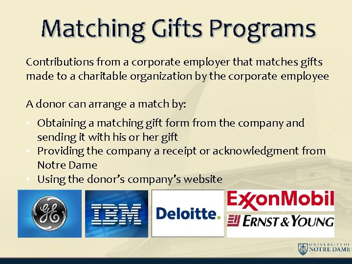 Matching Gifts Programs Contributions from a corporate employer that matches gifts made to a