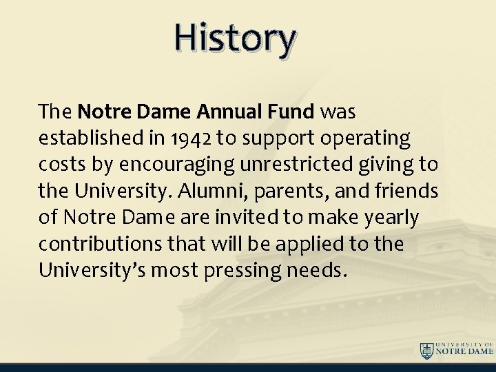 History The Notre Dame Annual Fund was established in 1942 to support operating costs