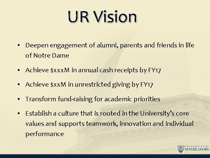 UR Vision • Deepen engagement of alumni, parents and friends in life of Notre