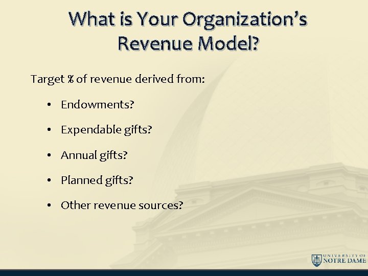 What is Your Organization’s Revenue Model? Target % of revenue derived from: • Endowments?