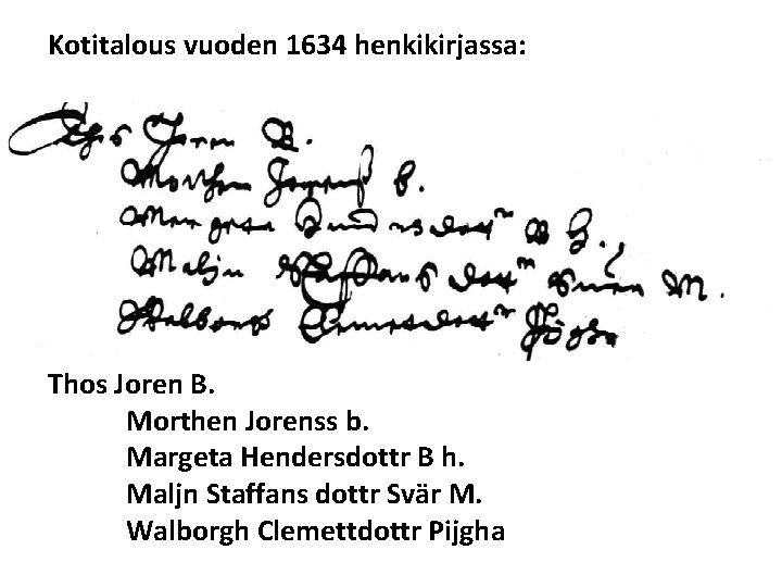 Kotitalous vuoden 1634 henkikirjassa: Thos Joren B. Morthen Jorenss b. Margeta Hendersdottr B h.