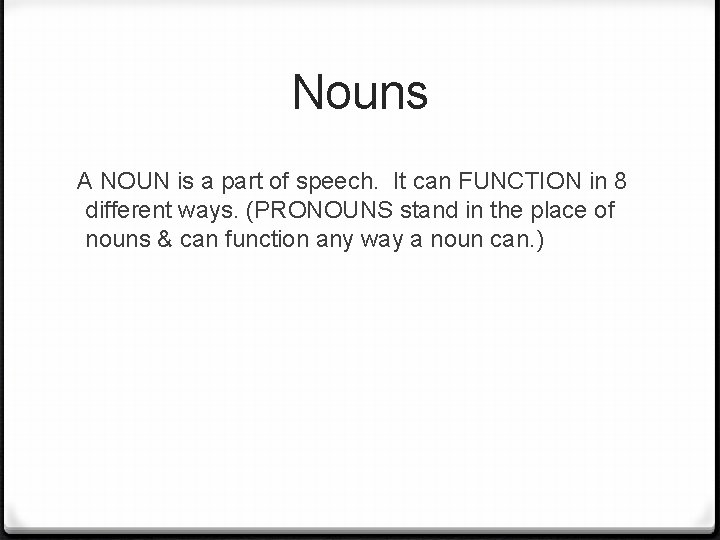 Nouns A NOUN is a part of speech. It can FUNCTION in 8 different