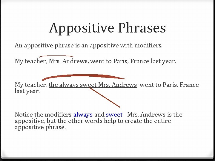 Appositive Phrases An appositive phrase is an appositive with modifiers. My teacher, Mrs. Andrews,