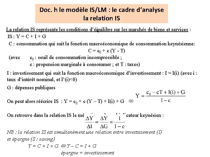 Doc. h le modèle IS/LM : le cadre d’analyse la relation IS La relation Doc. h le modèle IS/LM : le cadre d’analyse la relation IS La relation