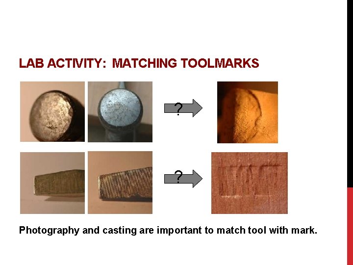 LAB ACTIVITY: MATCHING TOOLMARKS ? ? Photography and casting are important to match tool