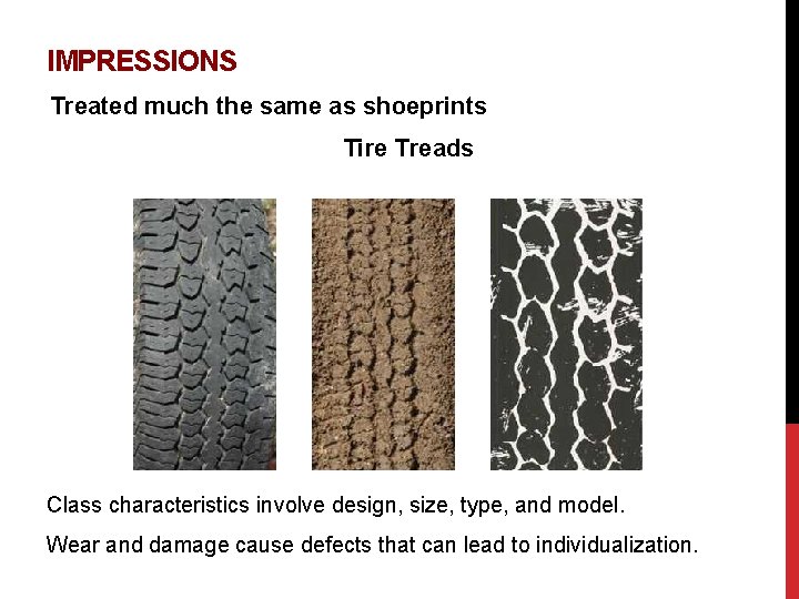 IMPRESSIONS Treated much the same as shoeprints Tire Treads Class characteristics involve design, size,